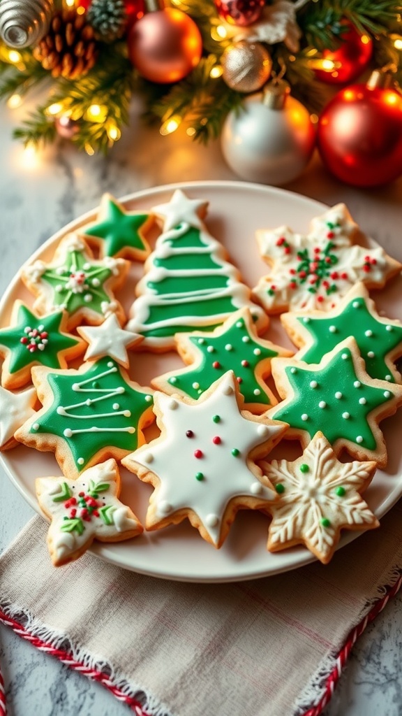 A festive plate of decorated Christmas sugar cookies in various shapes, surrounded by holiday decorations.